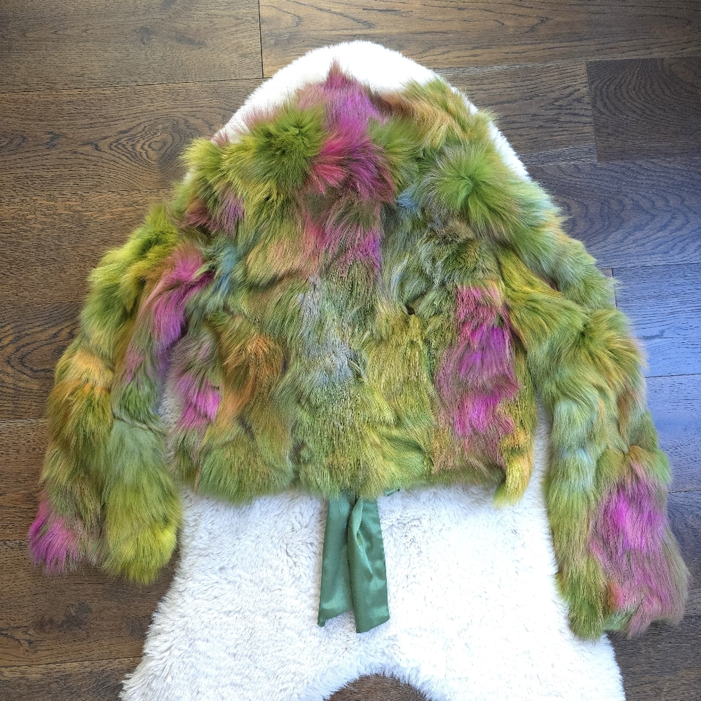 Vintage Y2K Rainbow Multicolored Ombre Fur Bow Crop Jacket - Picture 9 of 9